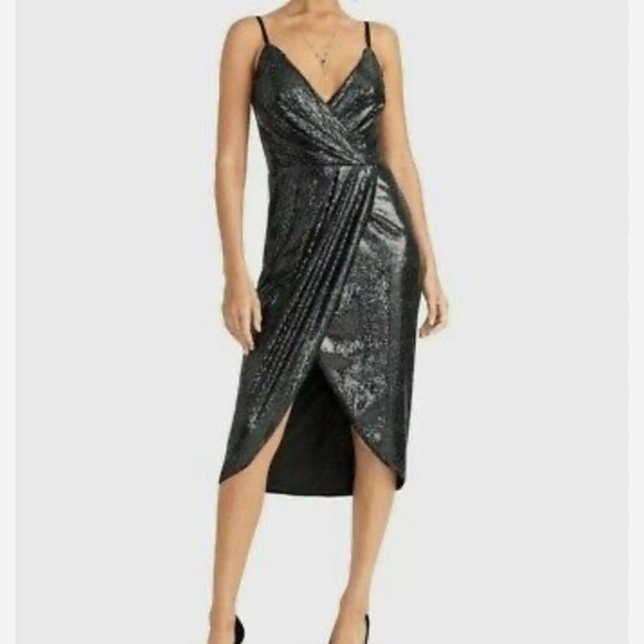 RACHEL Rachel Roy Black Asymmetrical Wrap Midi Dress - Picture 1 of 5